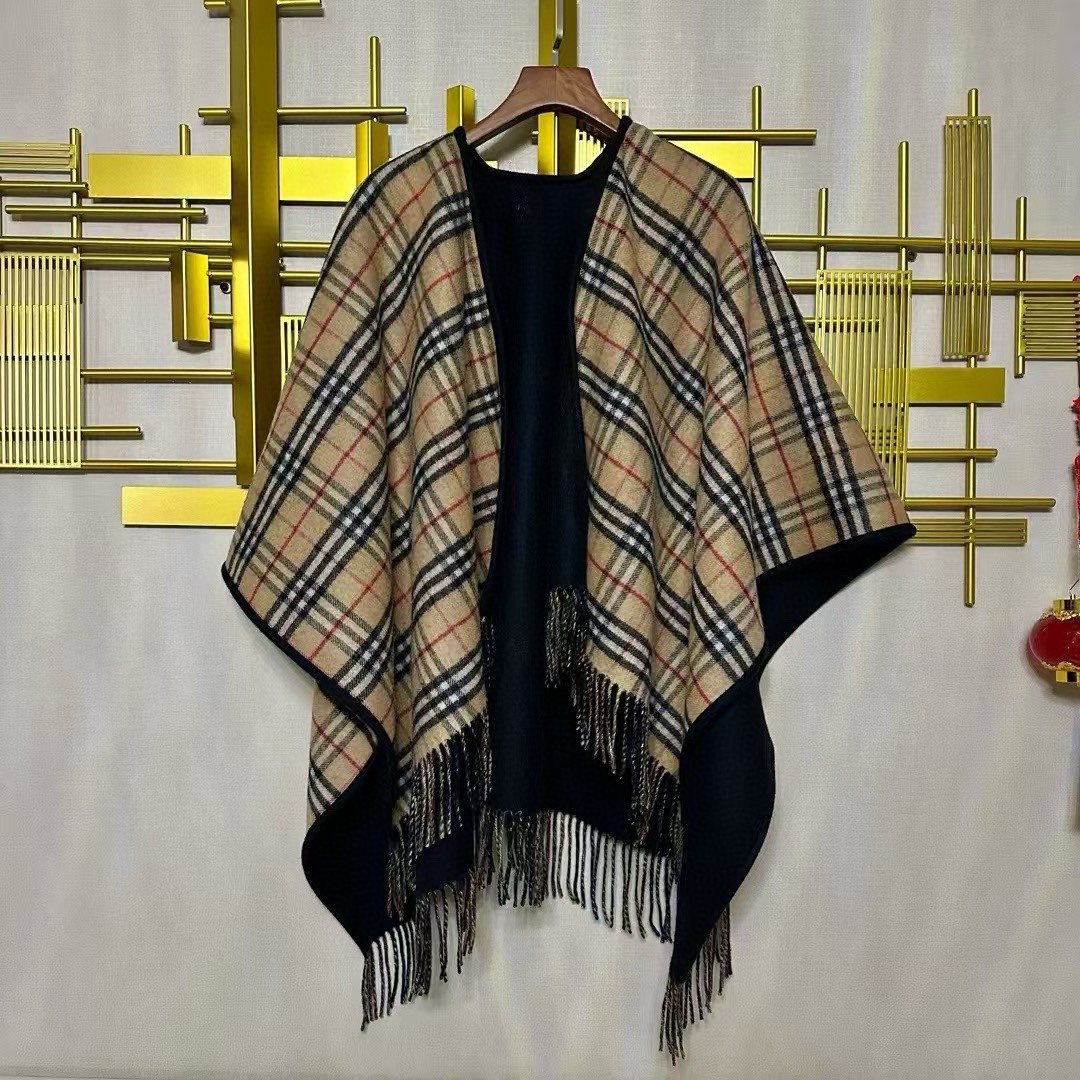 Burberry Reversible Plaid Fringed Poncho Wrap — hero