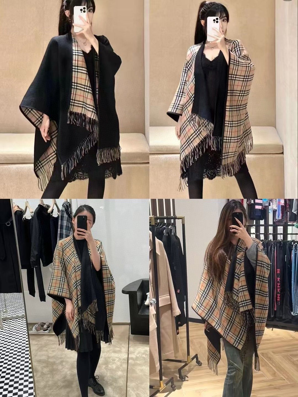 Burberry Reversible Plaid Fringe Cape Shawl — model