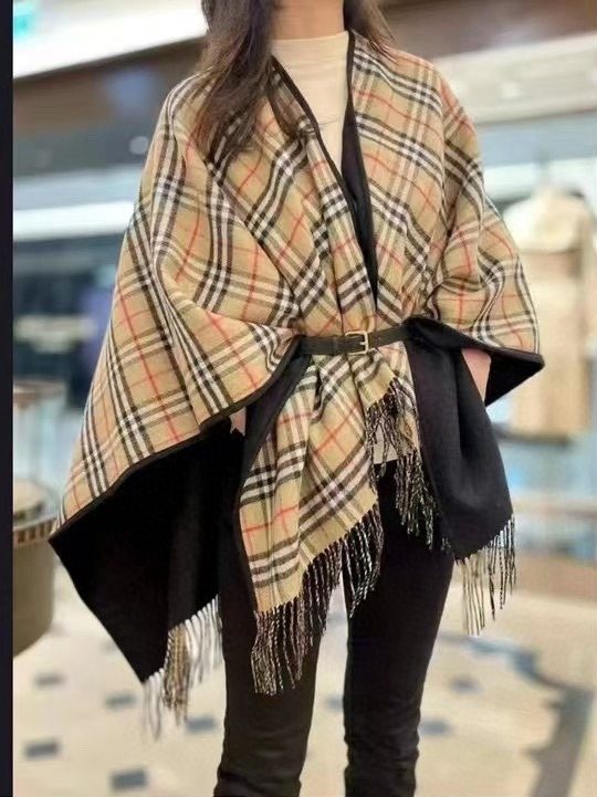 Burberry Reversible Plaid Fringed Poncho Wrap — model