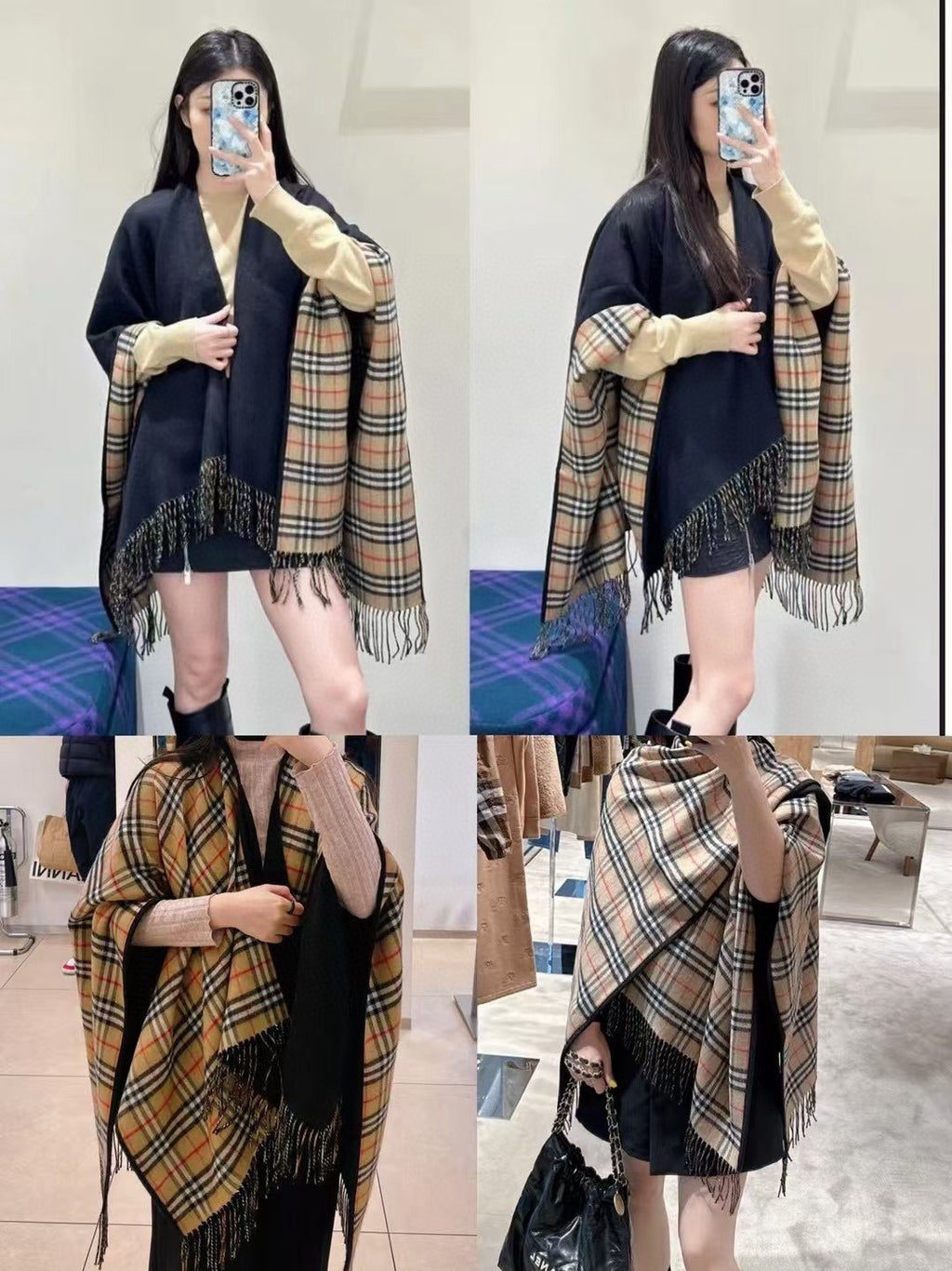 Burberry Reversible Plaid Fringe Cape Shawl — model