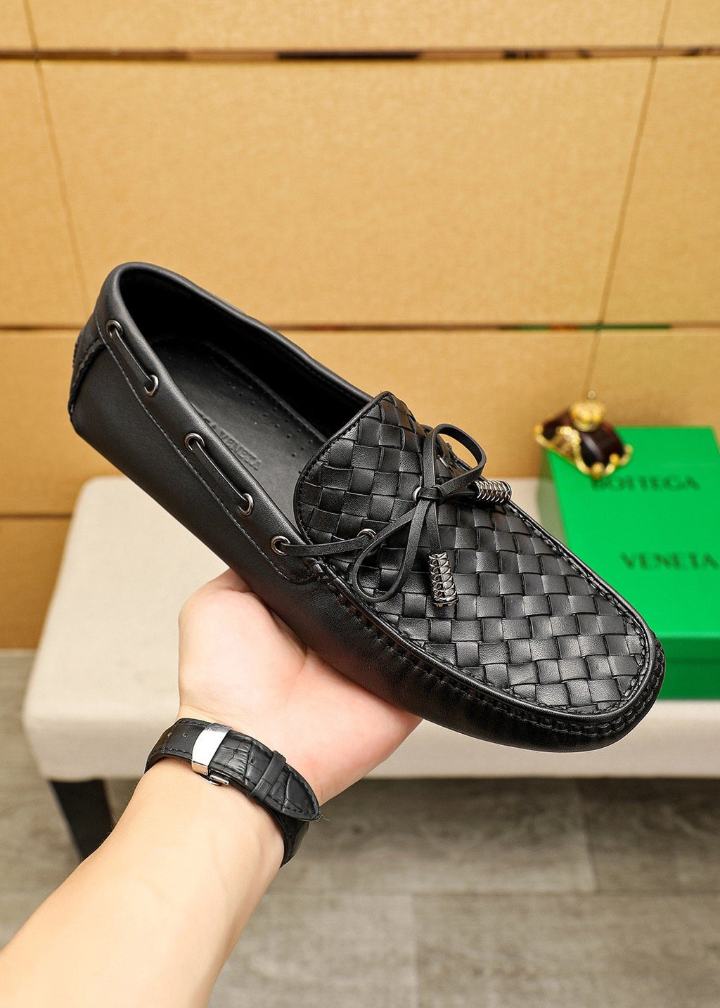 Bottega Veneta Black Woven Bow Loafers — model