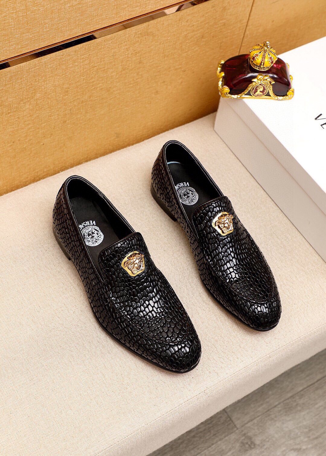 VERSACE Black Textured Slip-On Shoes — hero