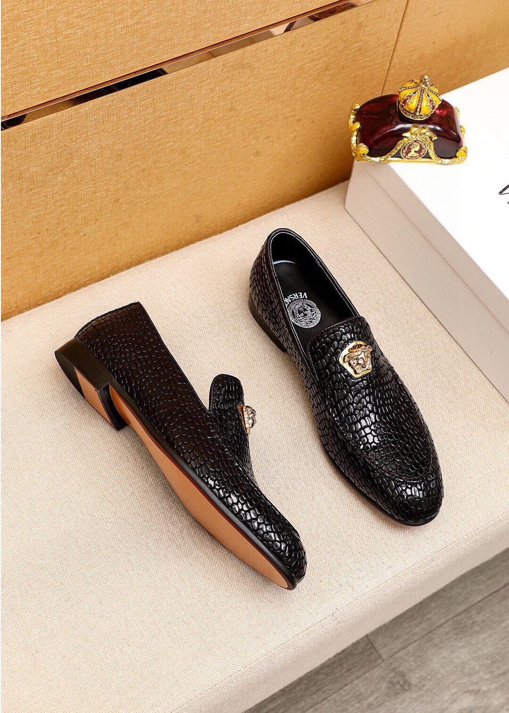 VERSACE Black Textured Slip-On Shoes — front