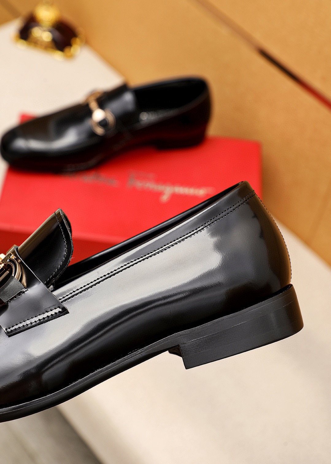 Ferragamo Black Buckle Loafers — side