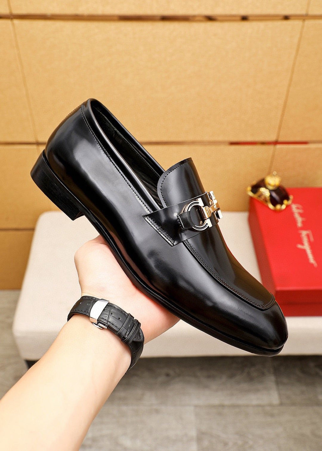 Ferragamo Black Buckle Loafers — model