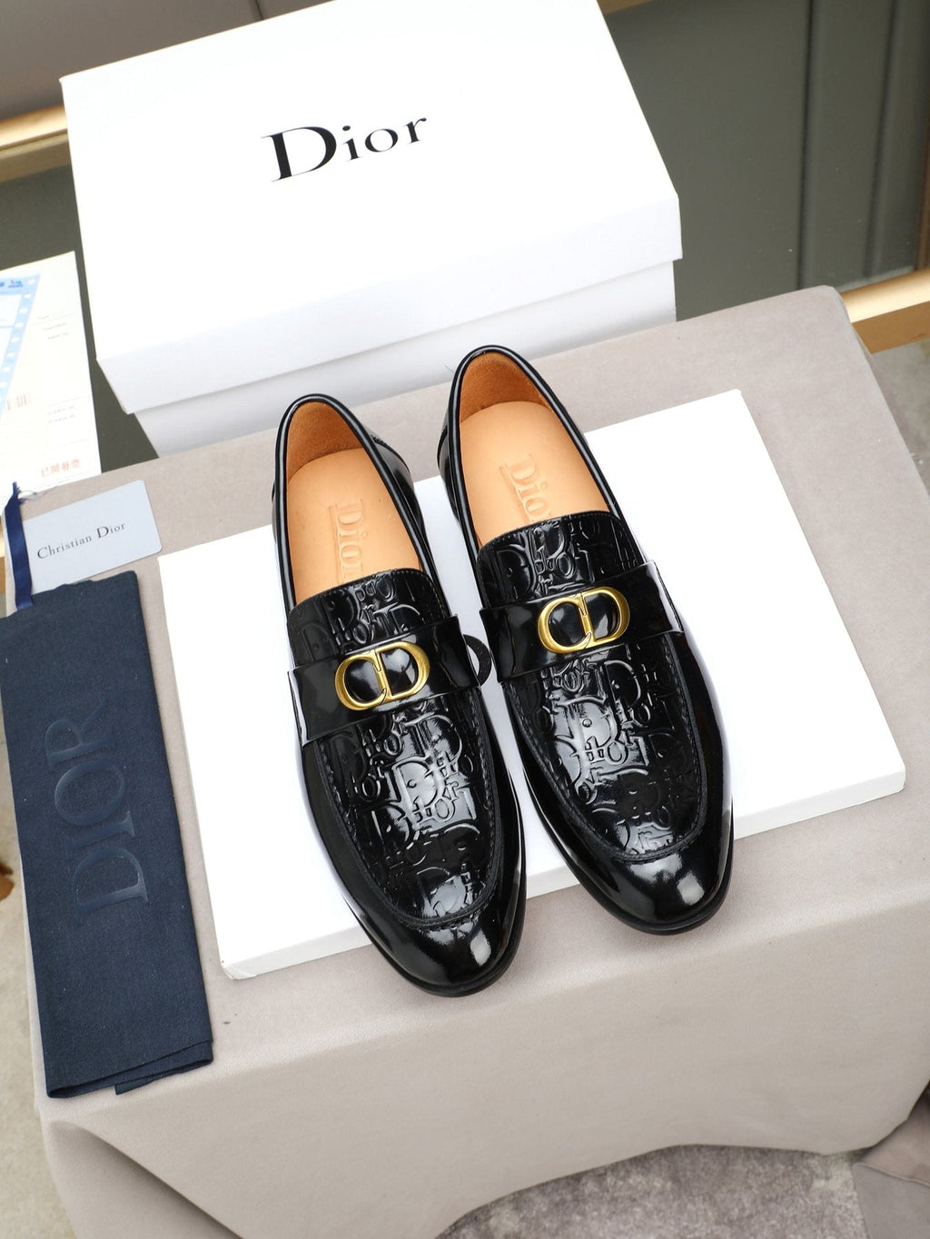 Dior Black Gold-Buckle Slip-On Dress Shoes — front