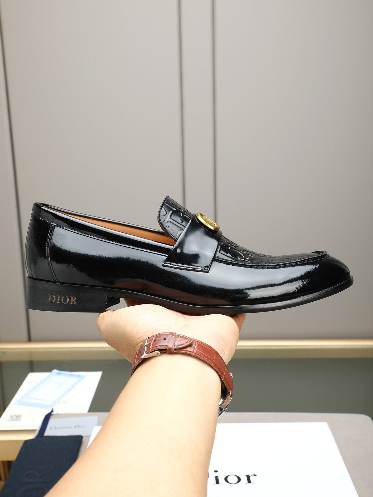 Dior Black Gold-Buckle Slip-On Dress Shoes — model