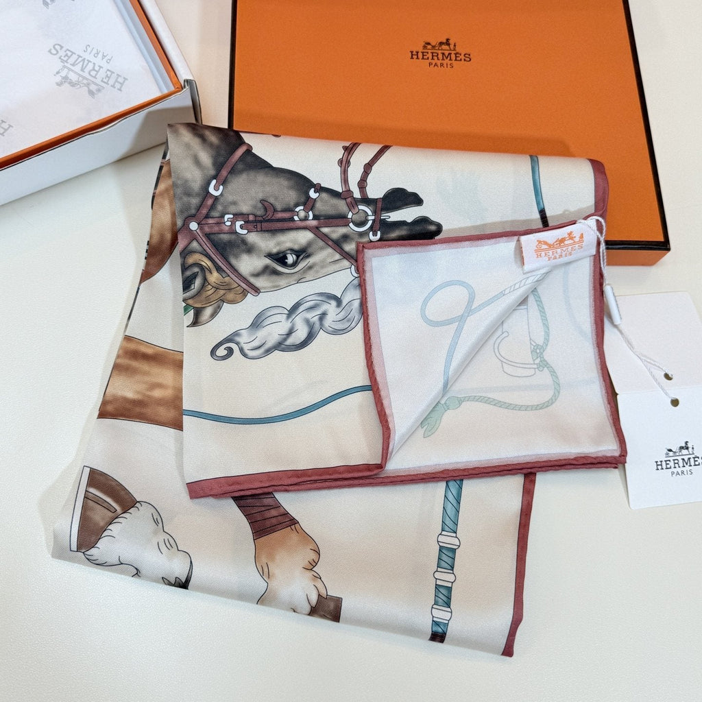 Hermès Cream Equestrian Silk Square Scarf — detail