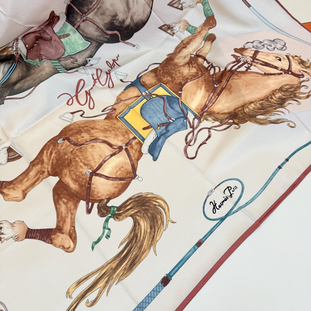 Hermès Cream Equestrian Silk Square Scarf — detail
