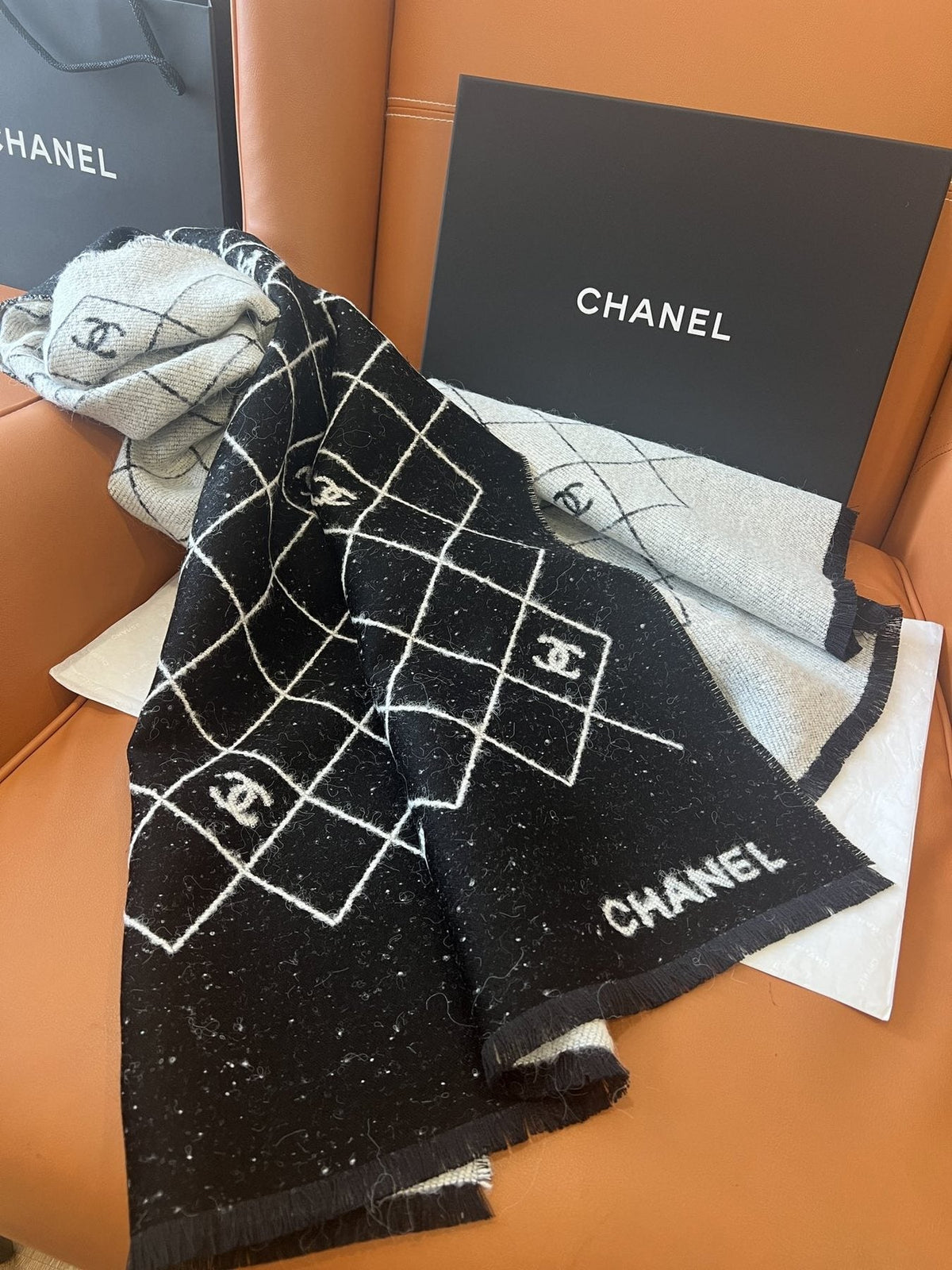 Chanel Black & Ivory Grid Shawl — front