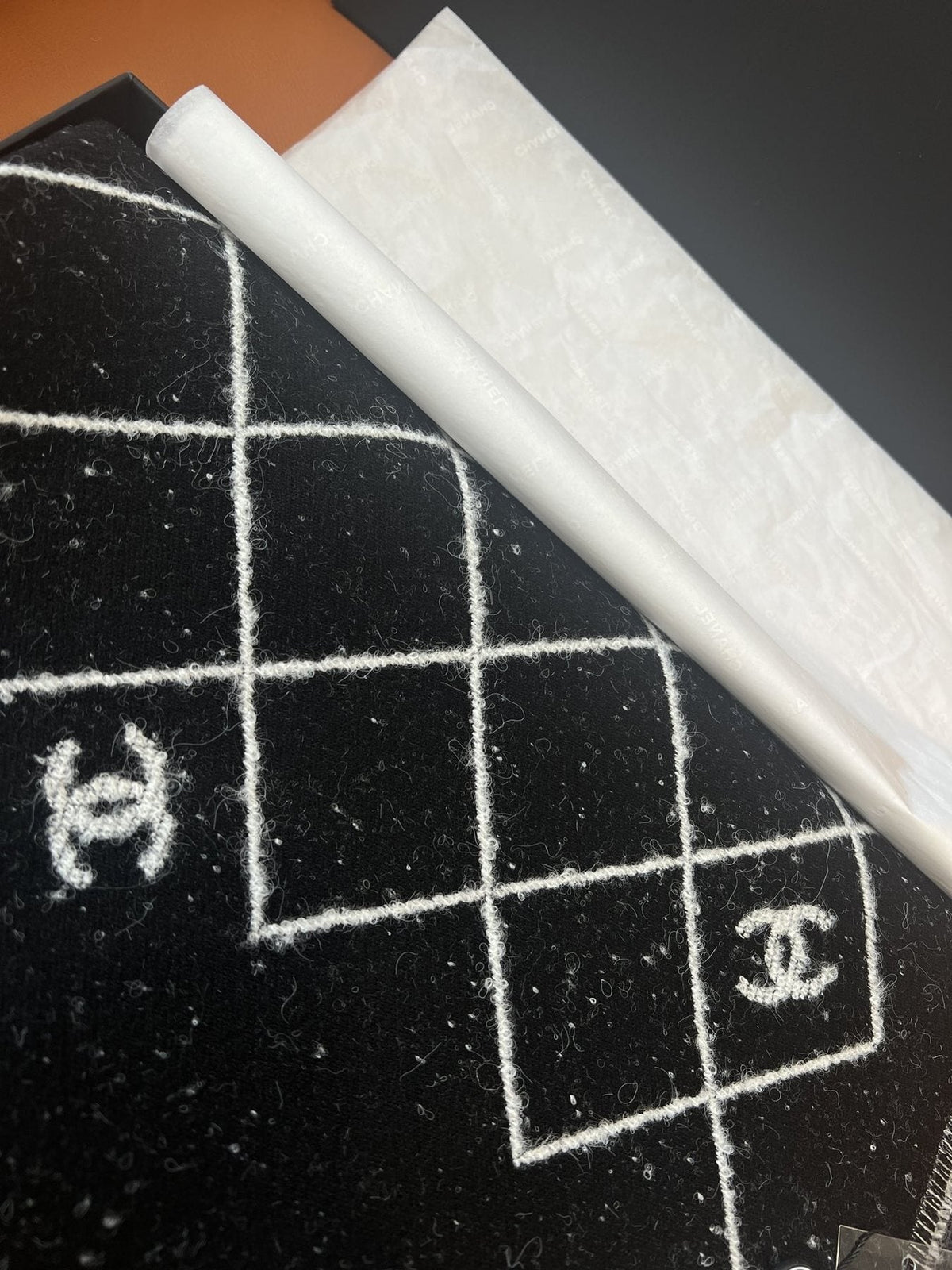 Chanel Black & Ivory Grid Shawl — detail