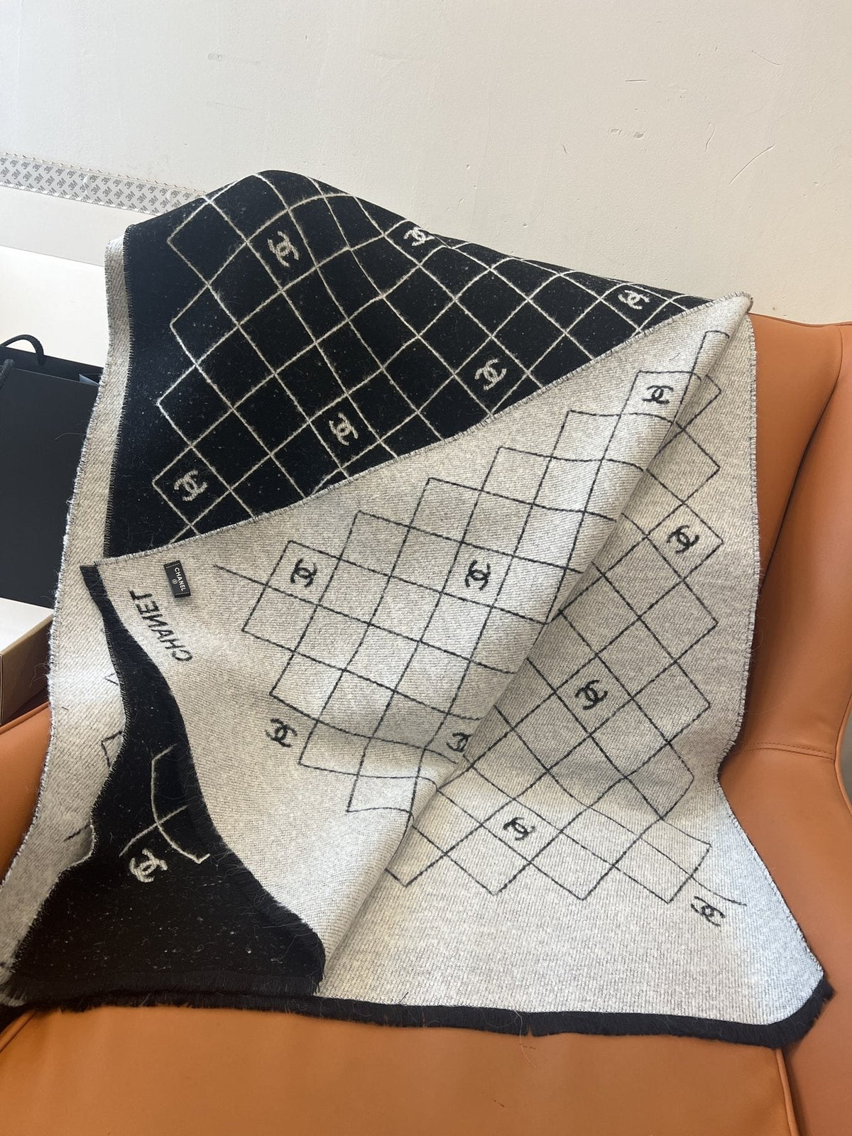 Chanel Black and Ivory Grid Shawl Scarf — side