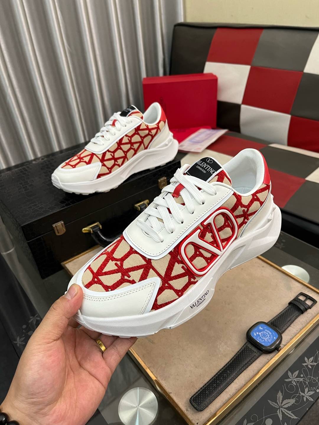 Valentino White and Red Patterned Sneakers — model