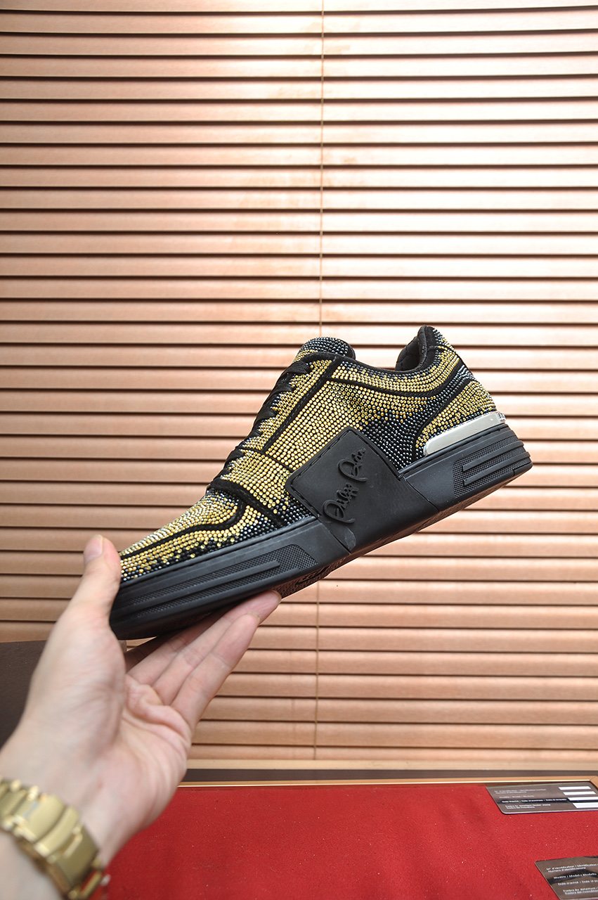 Philipp Plein Gold Studded Low-Top Sneakers — side