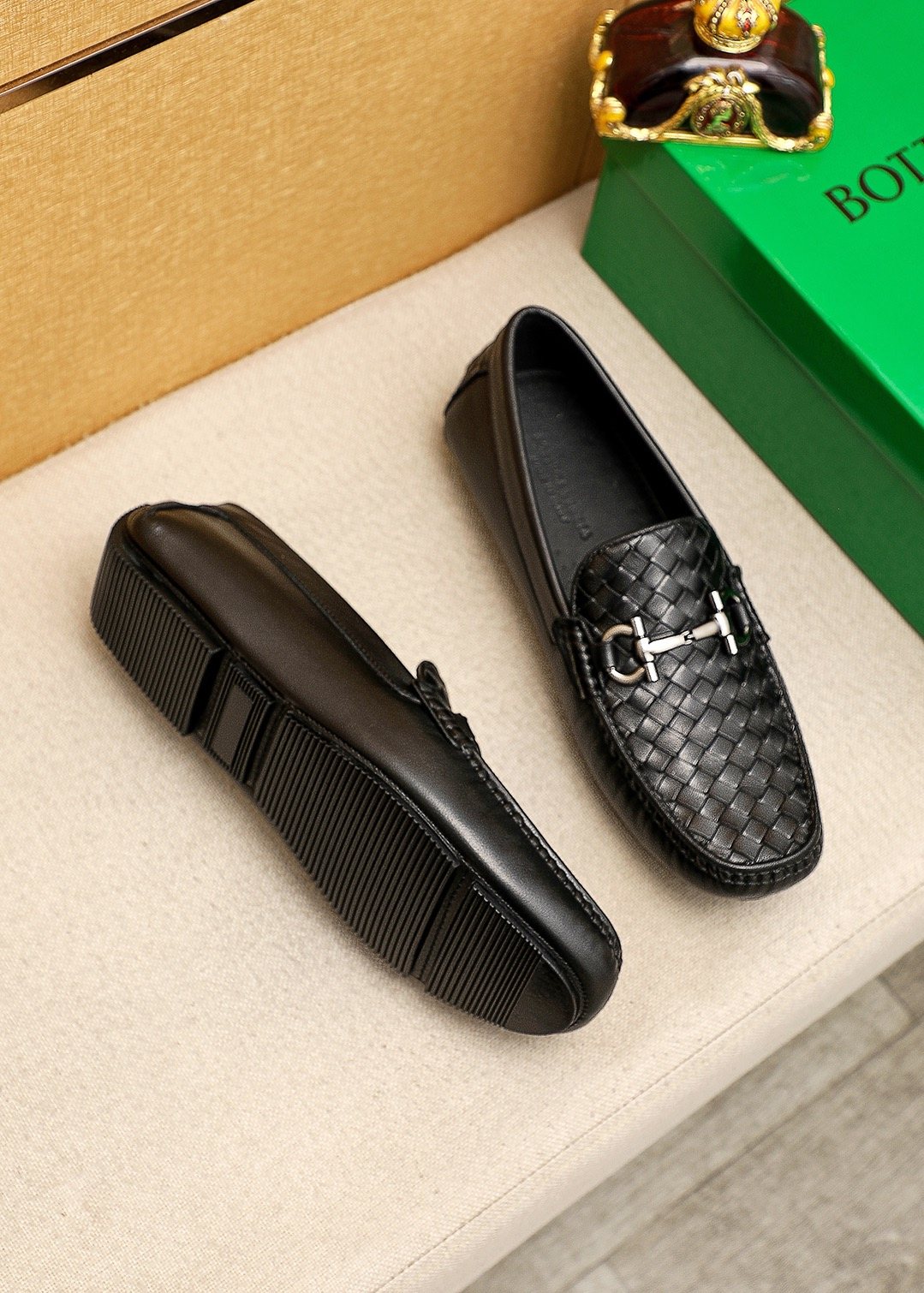 Bottega Veneta Black Woven Bit Driving Loafers — front