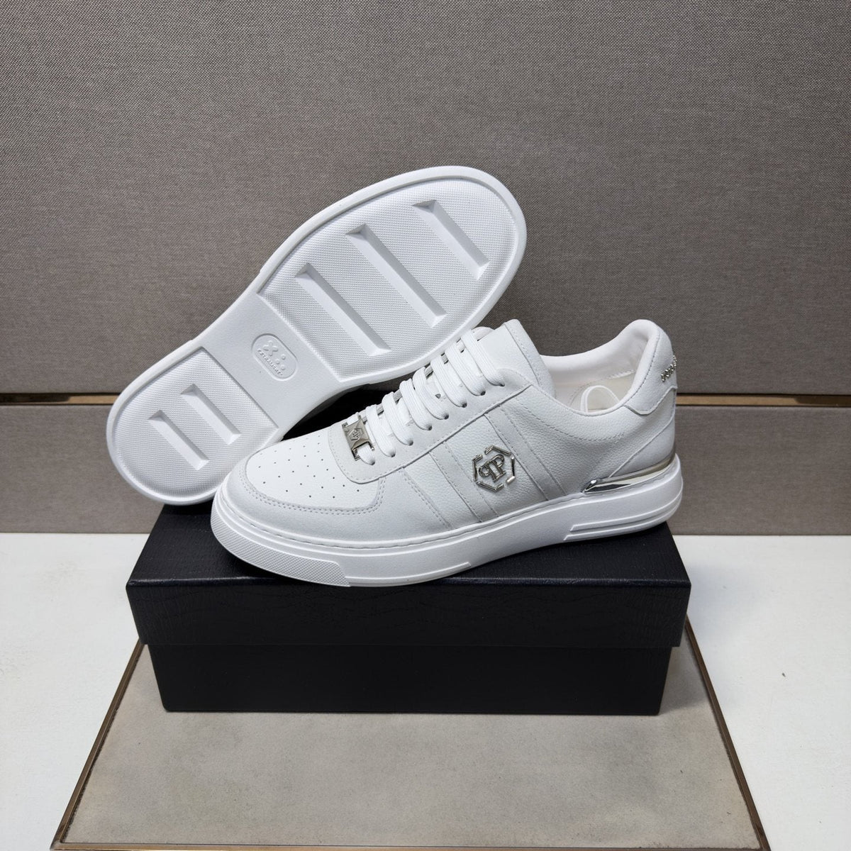 Philipp Plein White Low-Top Sneakers with Silver Accents — side