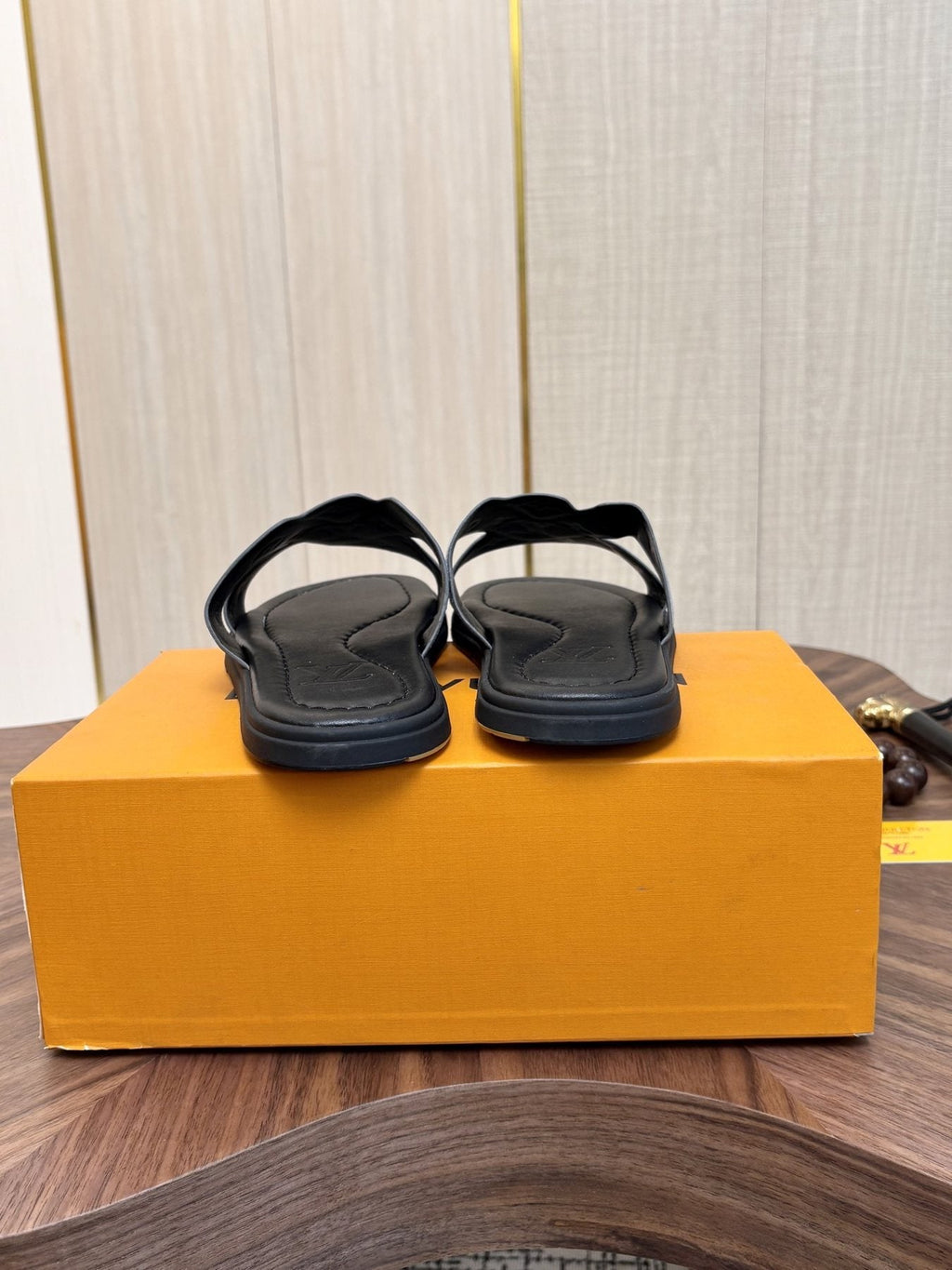 Louis Vuitton Light-Gray Patterned Slide Sandals — back