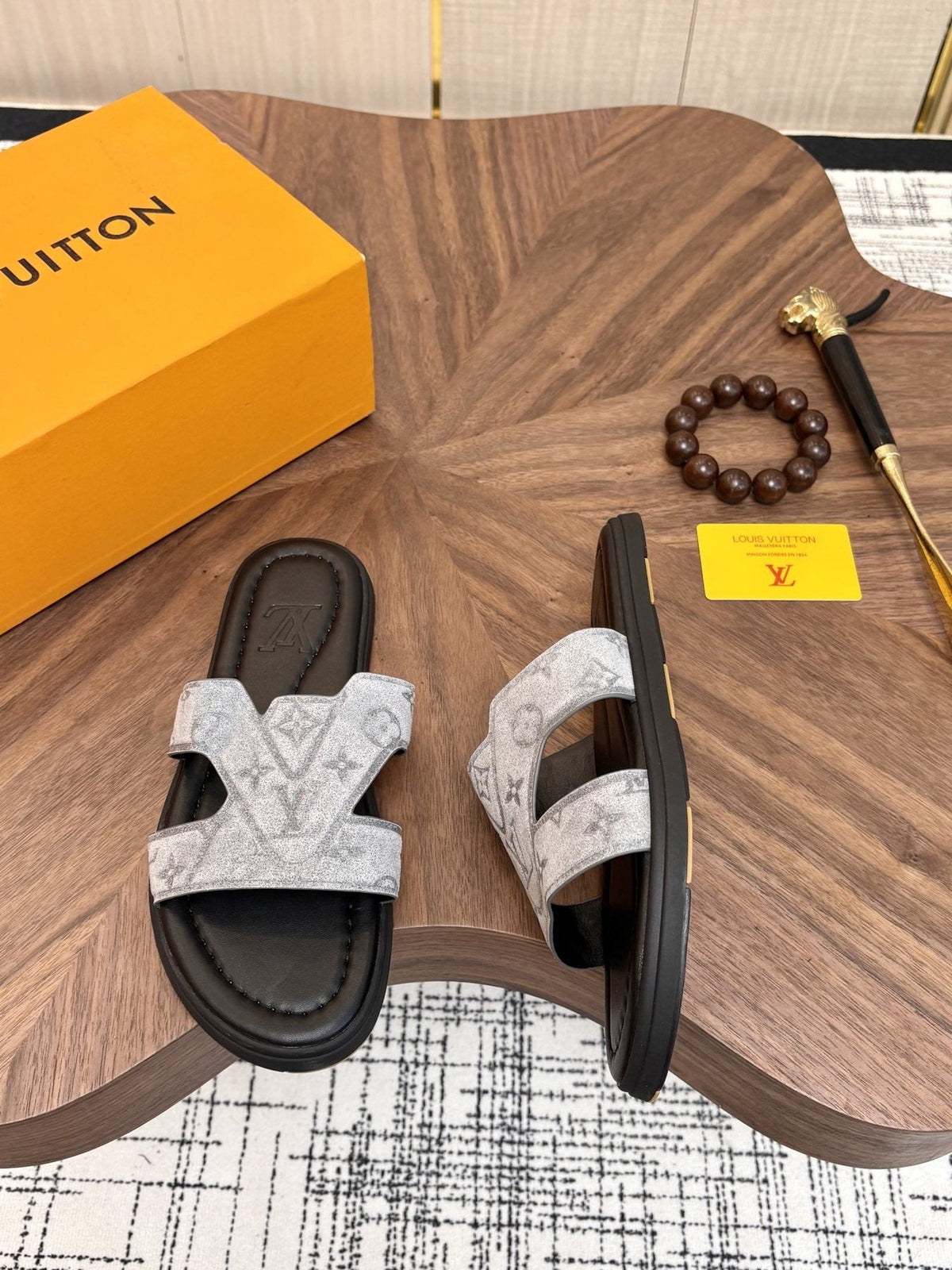 Louis Vuitton Light-Gray Patterned Slide Sandals — side
