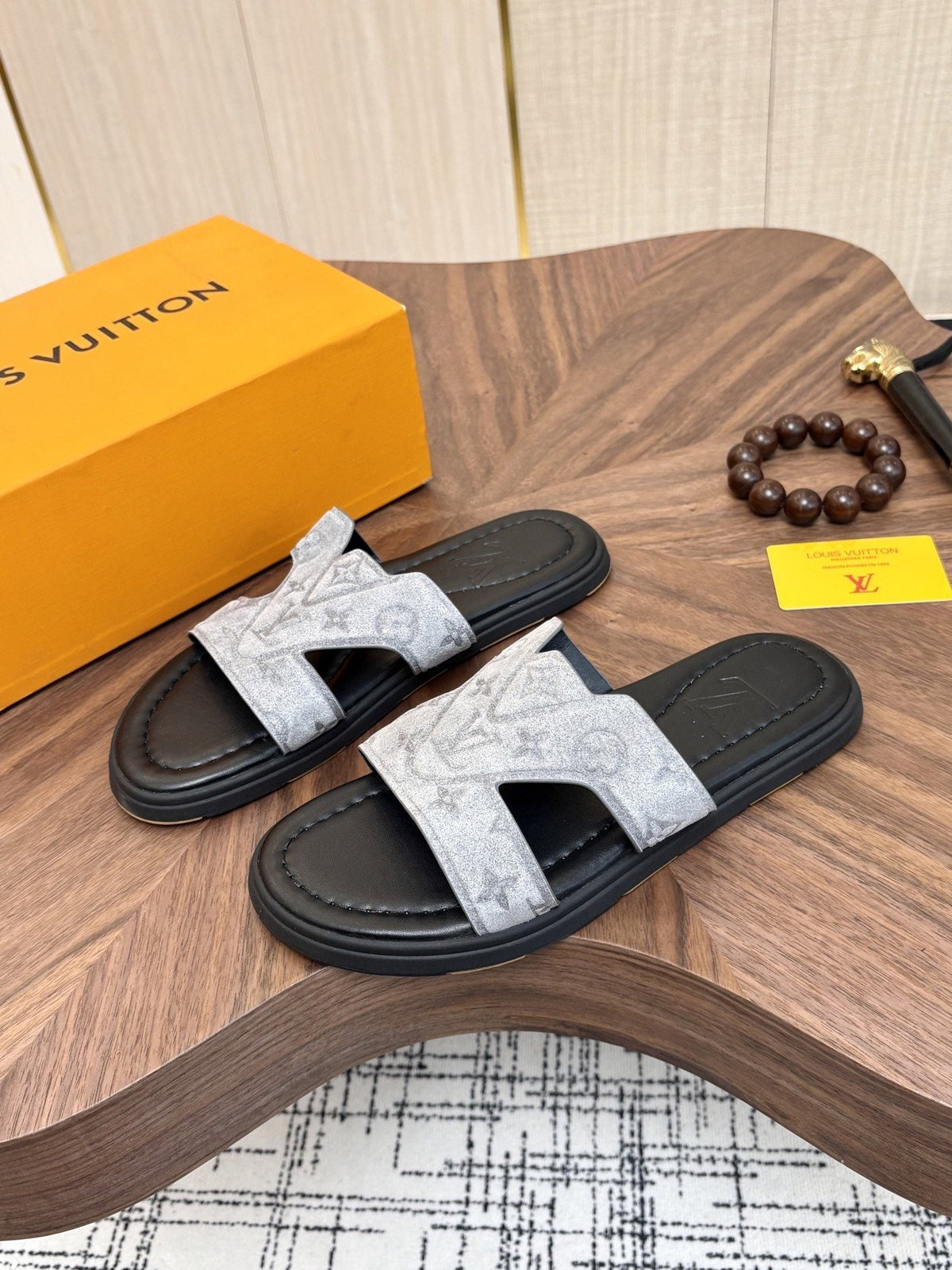 Louis Vuitton Light-Gray Patterned Slide Sandals — hero