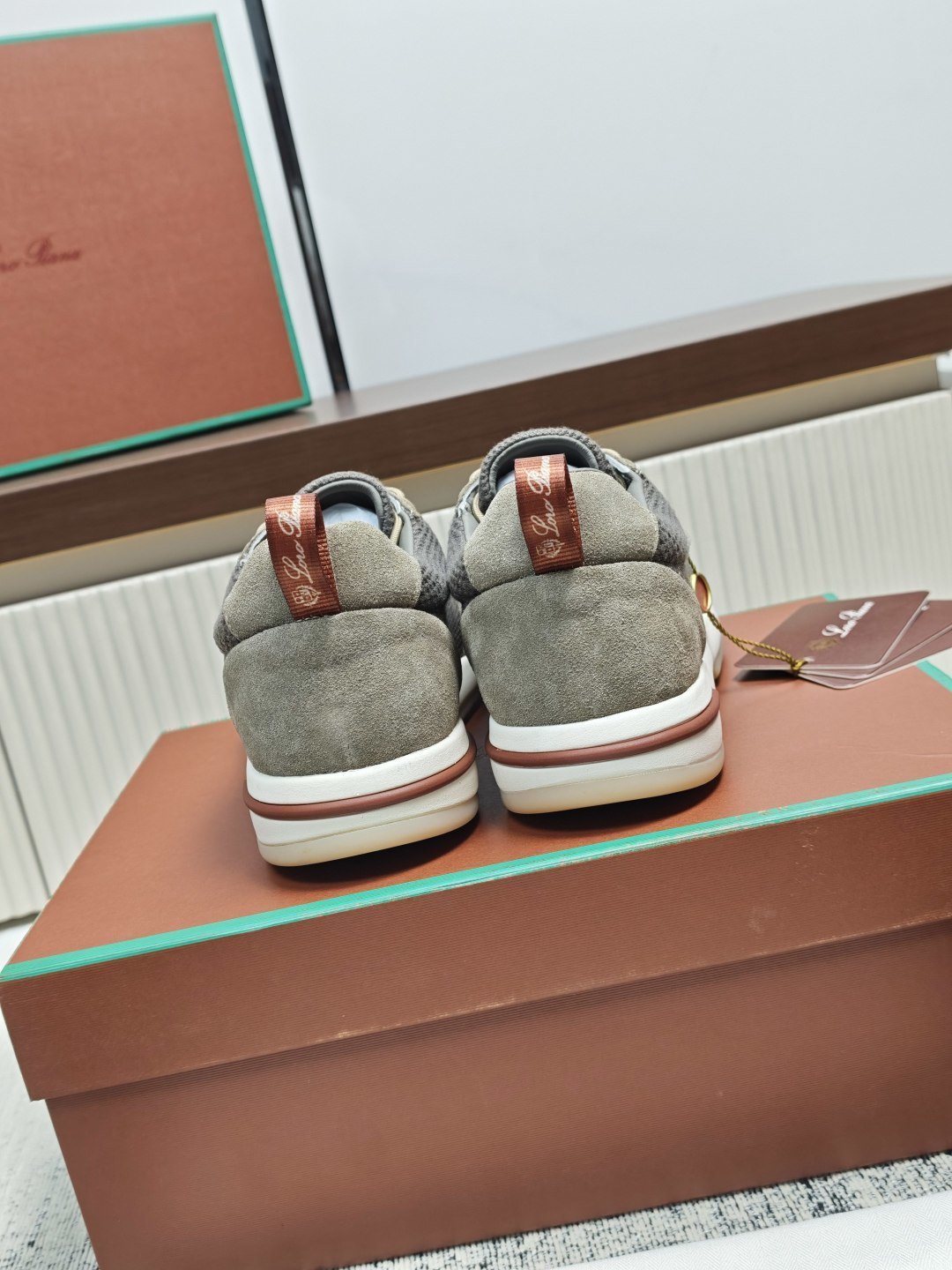 Loro Piana Gray Taupe Lace-Up Sneakers — back