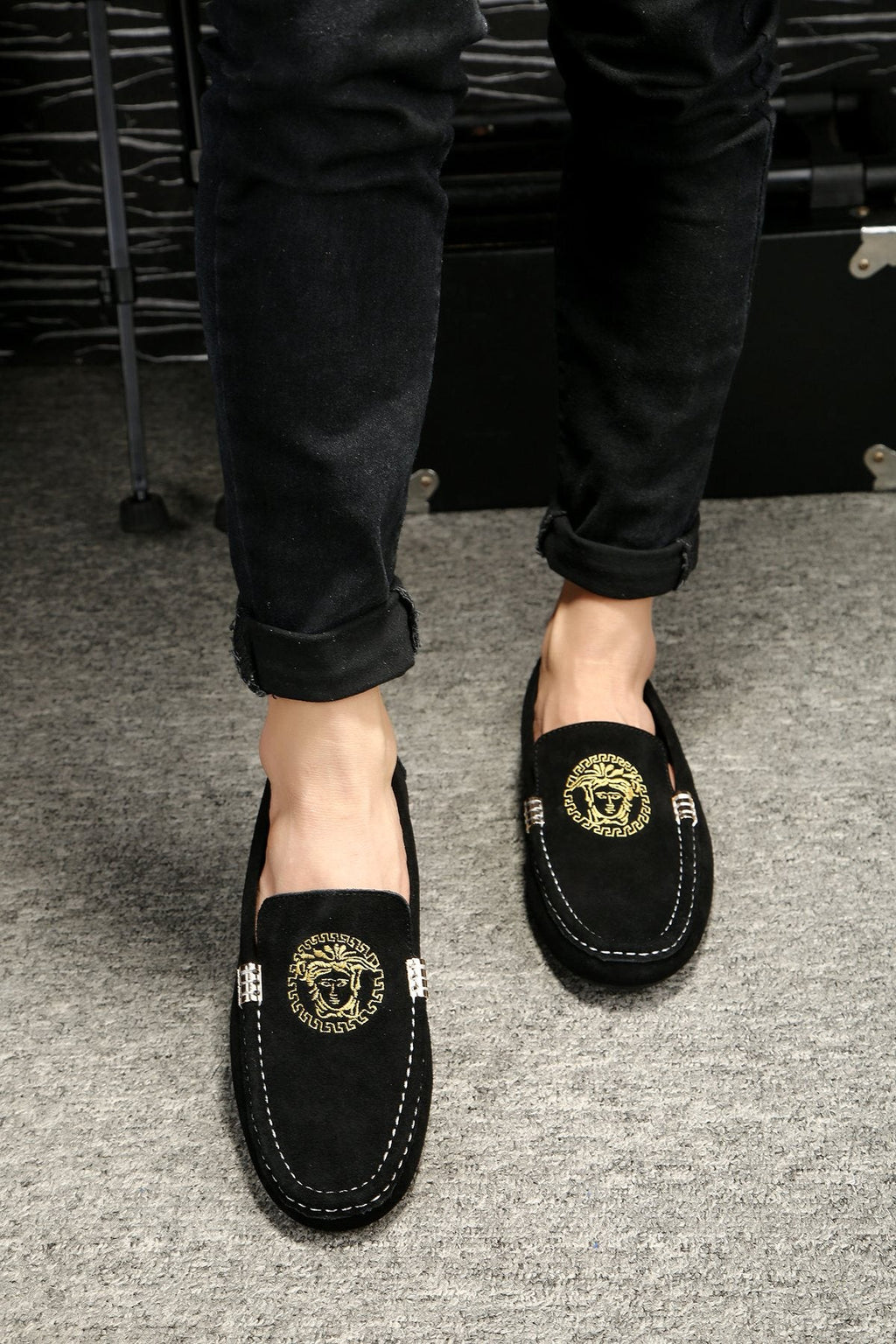 Versace Black Gold Emblem Loafers — model