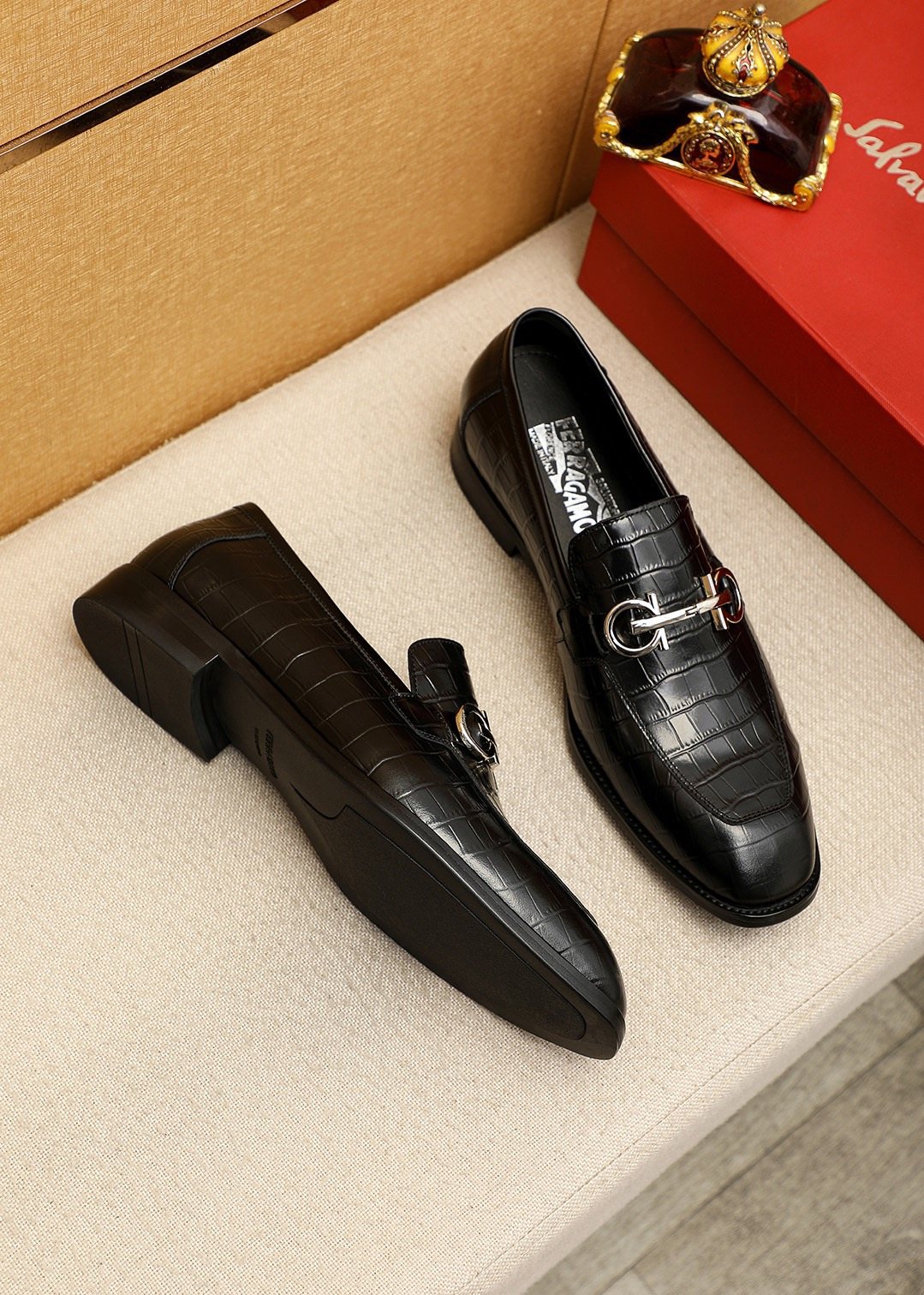 Ferragamo Black Embossed Buckle Loafers — front