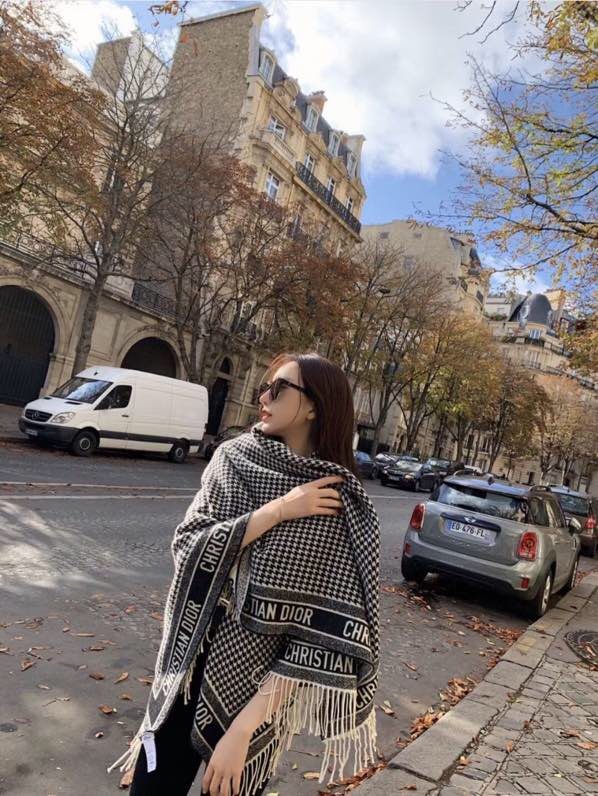 Dior Houndstooth Fringe Shawl — model