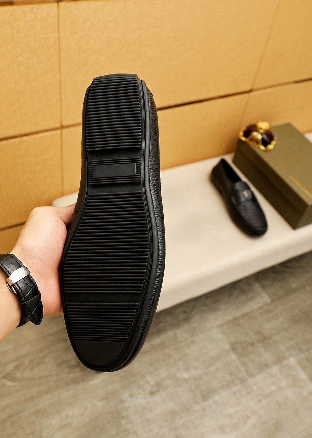Bottega Veneta Black Textured Slip-On Loafers — detail
