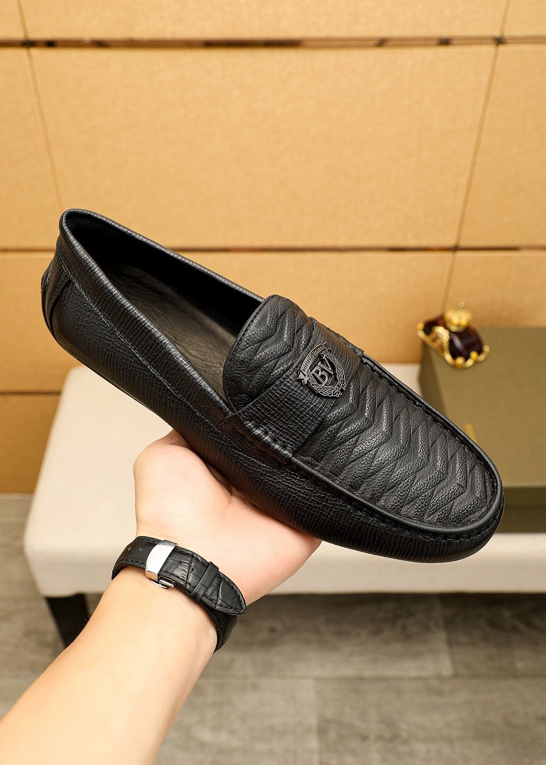 Bottega Veneta Black Textured Slip-On Loafers — model