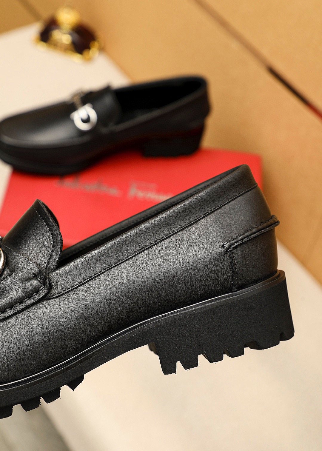 Ferragamo Black Metal-Hardware Loafers — detail