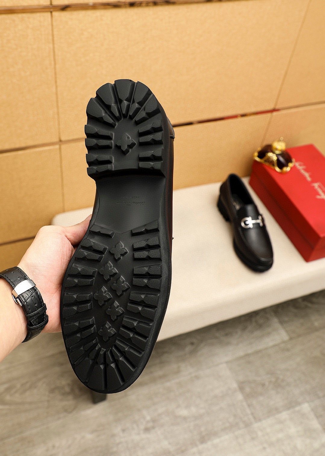 Ferragamo Black Metal-Hardware Loafers — detail