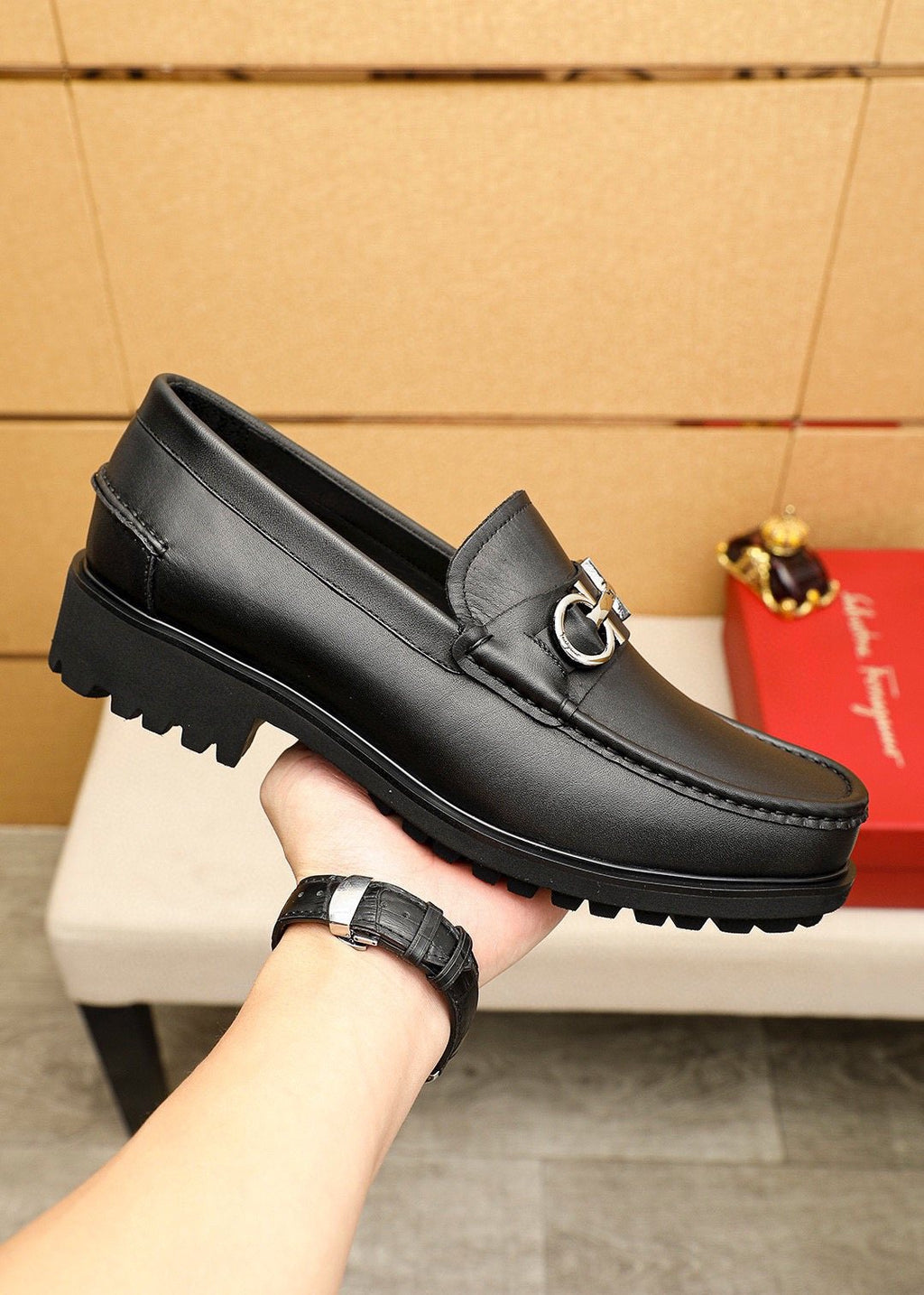 Ferragamo Black Metal-Hardware Loafers — side
