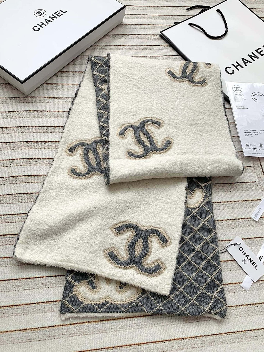Chanel Gray & Ivory Diamond-Pattern Scarf — front
