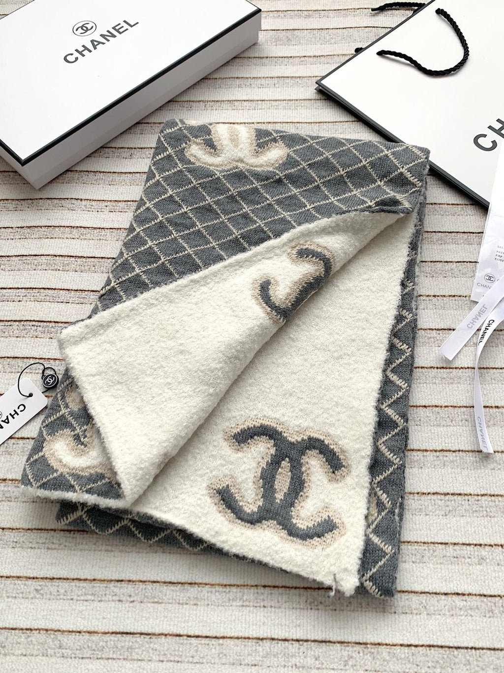 Chanel Gray & Ivory Diamond-Pattern Scarf — front