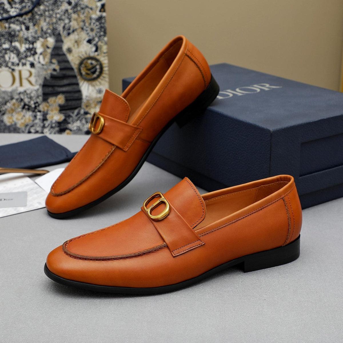 Dior Orange-Brown Buckle Loafers — side