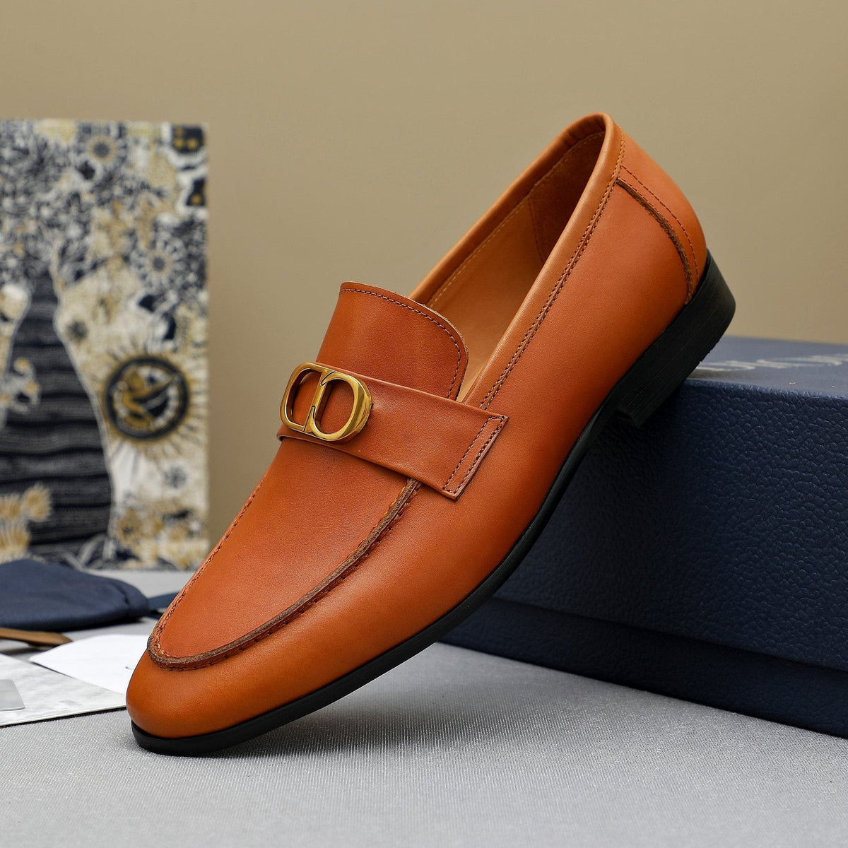 Dior Orange-Brown Buckle Loafers — side