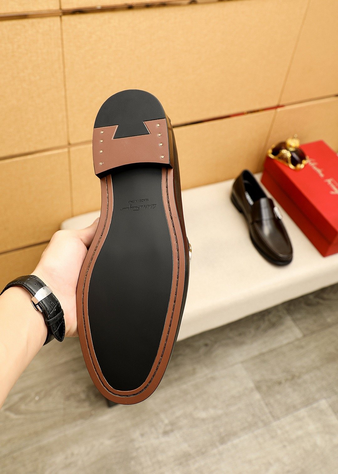Ferragamo Black Buckle Moc-Toe Loafers — detail