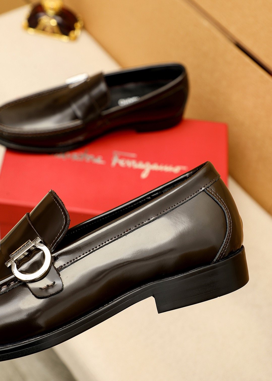 Ferragamo Black Buckle Moc-Toe Loafers — detail