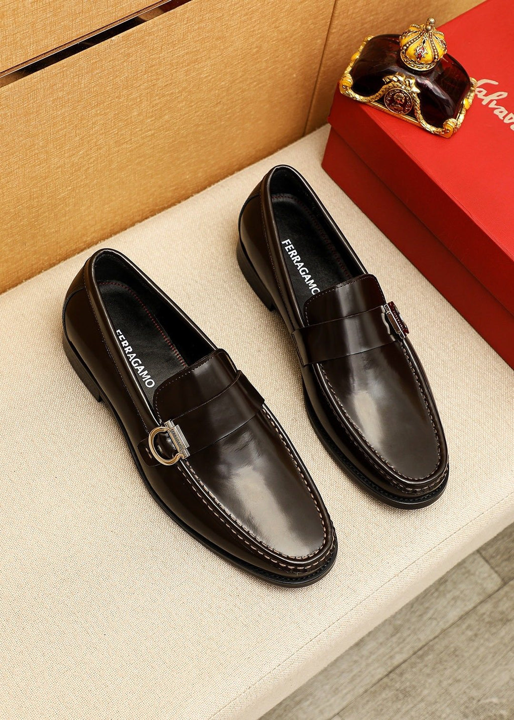 Ferragamo Black Buckle Moc-Toe Loafers — front