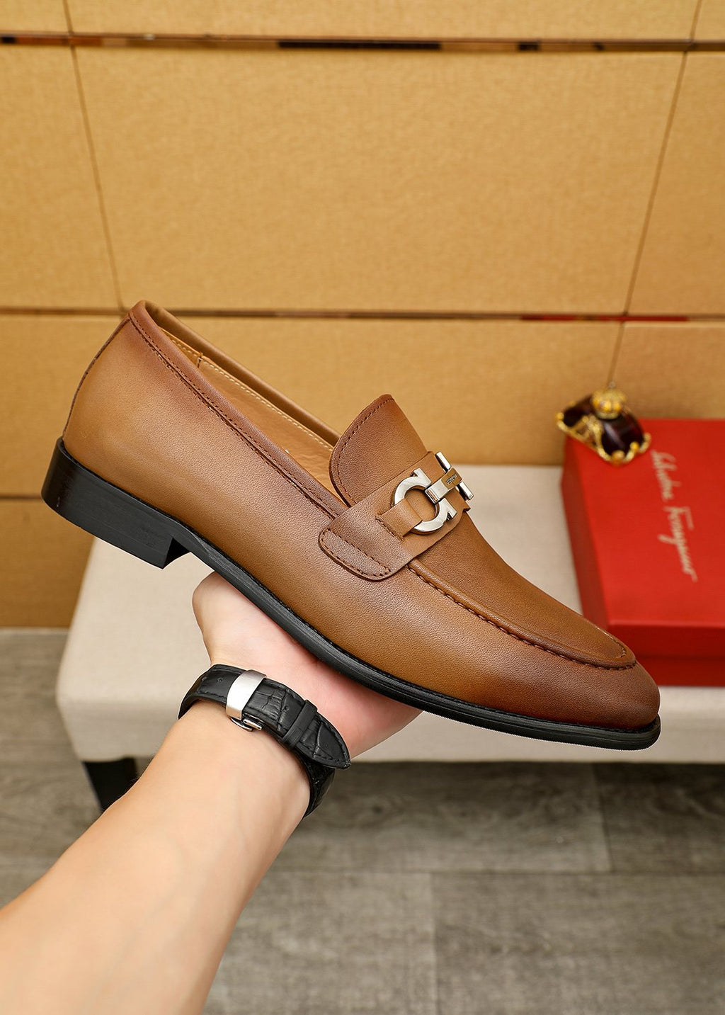 Ferragamo Brown Metal-Accent Loafers — model
