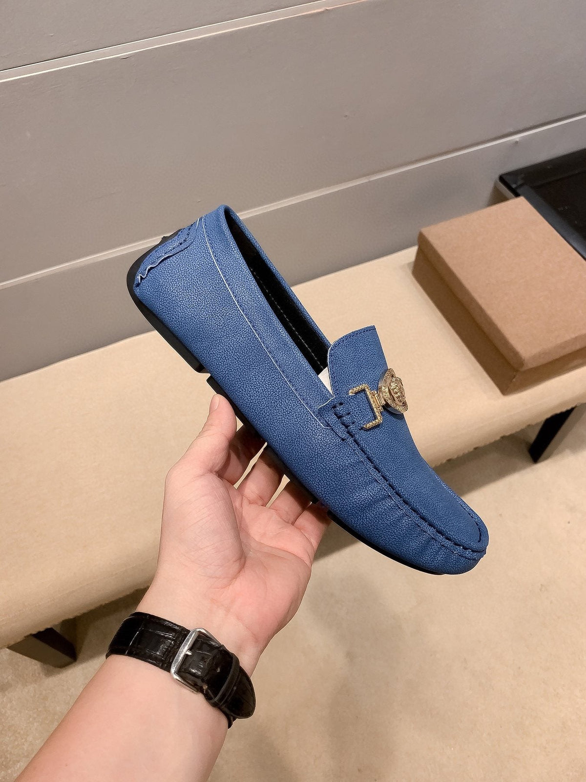 Versace Blue Gold-Hardware Loafers — side