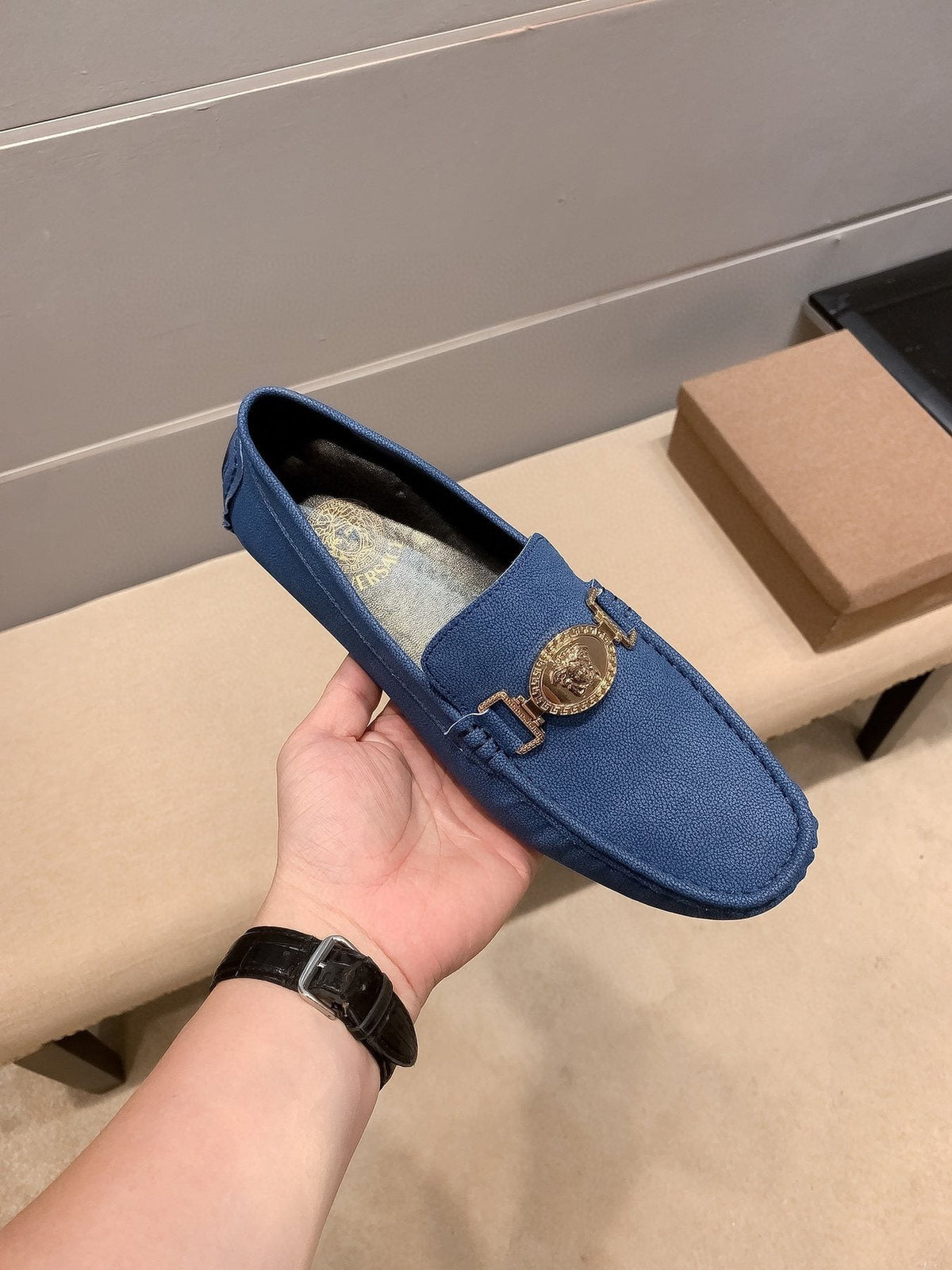 Versace Blue Gold-Hardware Loafers — front