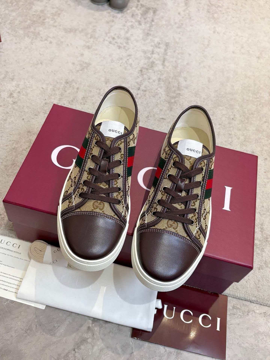 GUCCI Brown Monogram Stripe Sneakers — hero