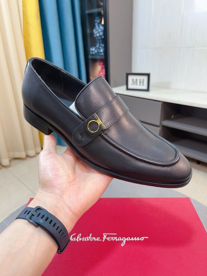 Ferragamo Black Ring-Detail Loafers — front
