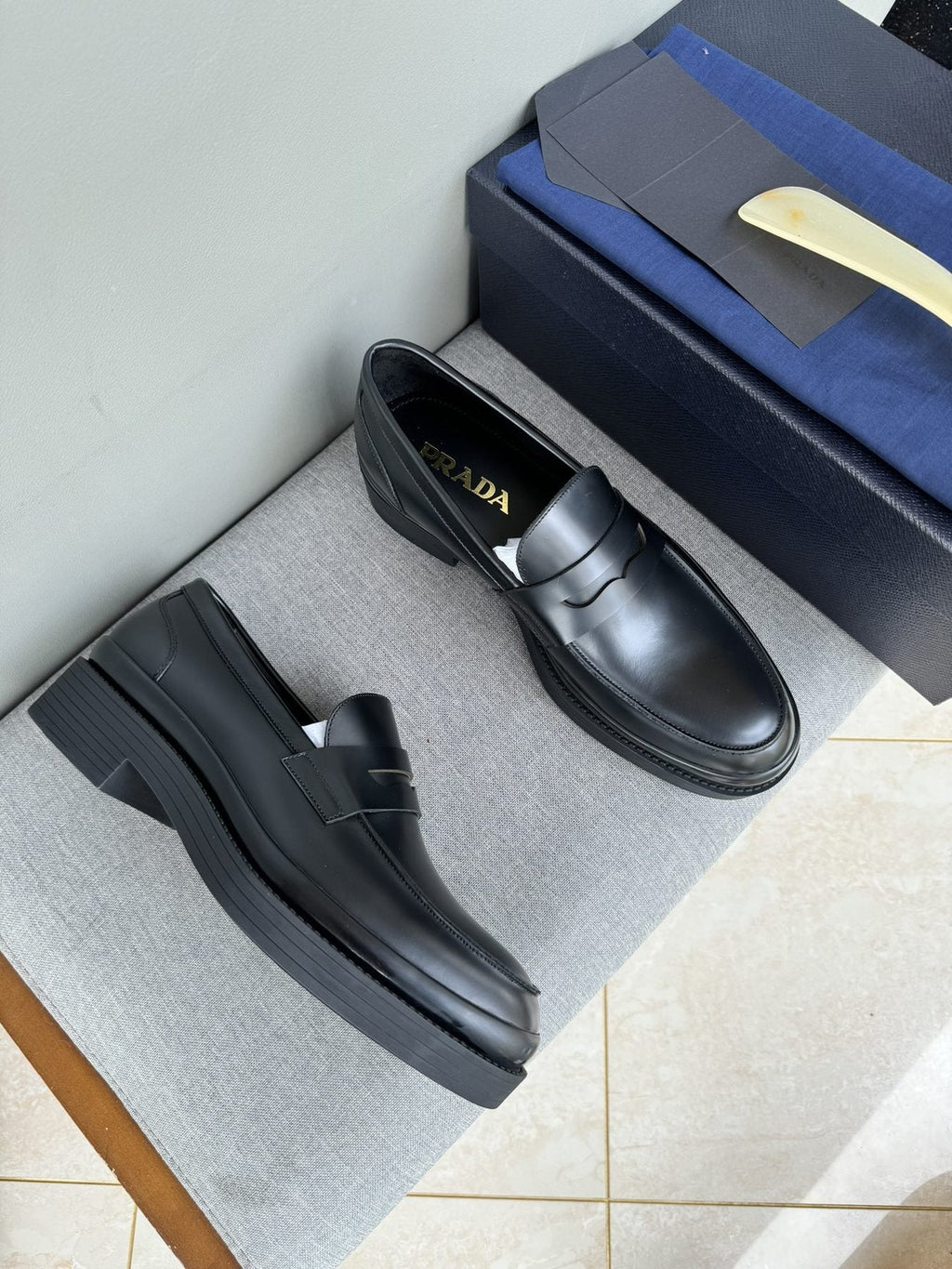 Prada Black Leather Strap Loafers — side