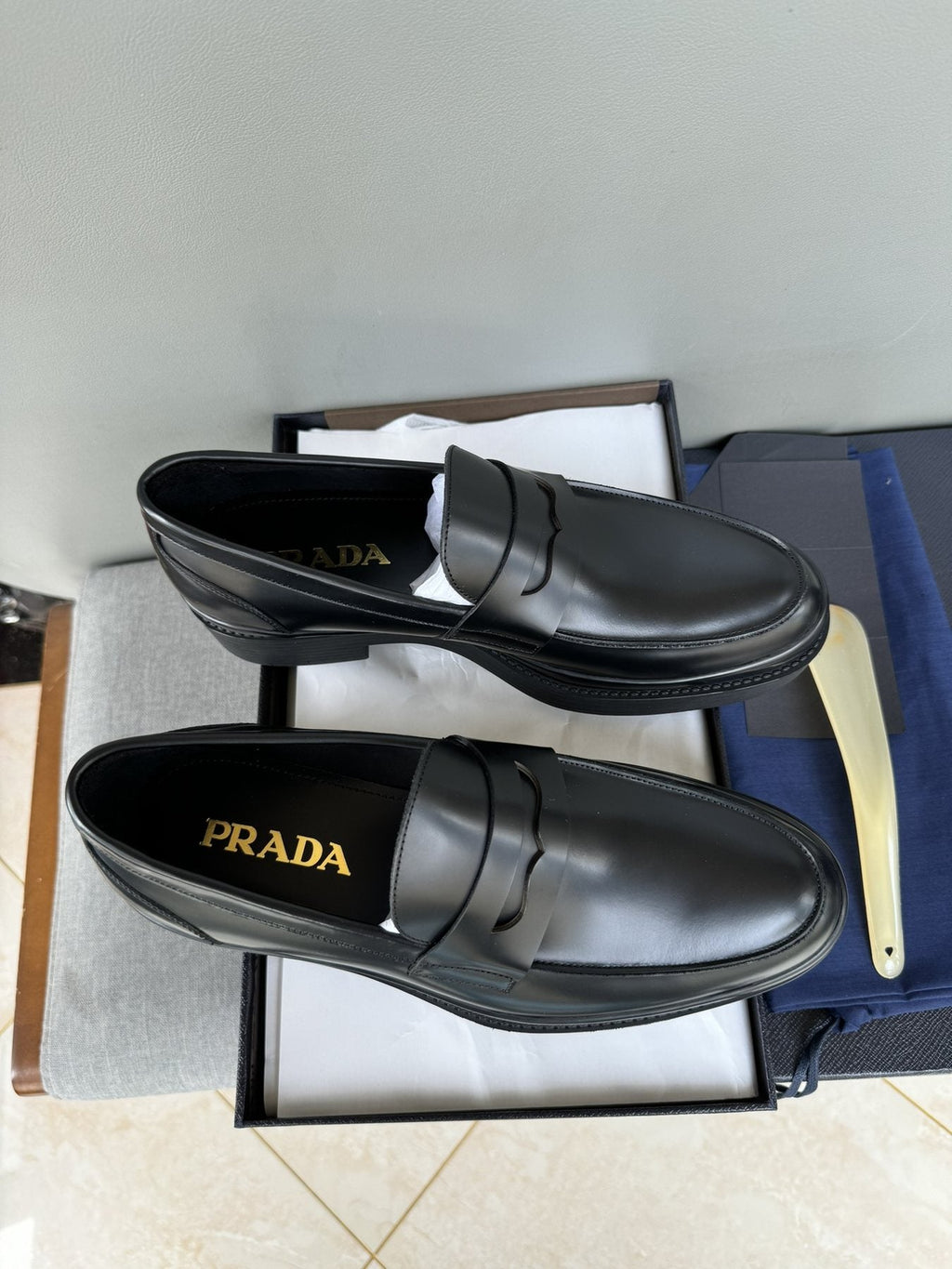 Prada Black Leather Strap Loafers — front