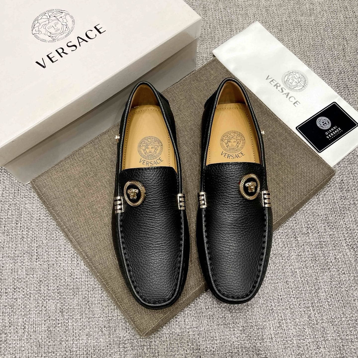 Versace Black Textured Slip-On Loafers — front