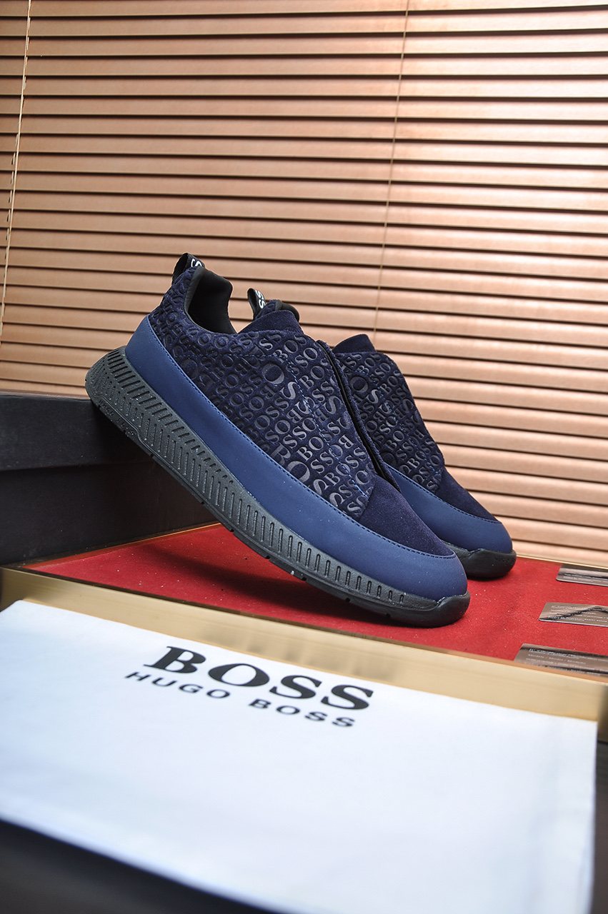BOSS Navy Blue Textured Slip-On Sneakers — front