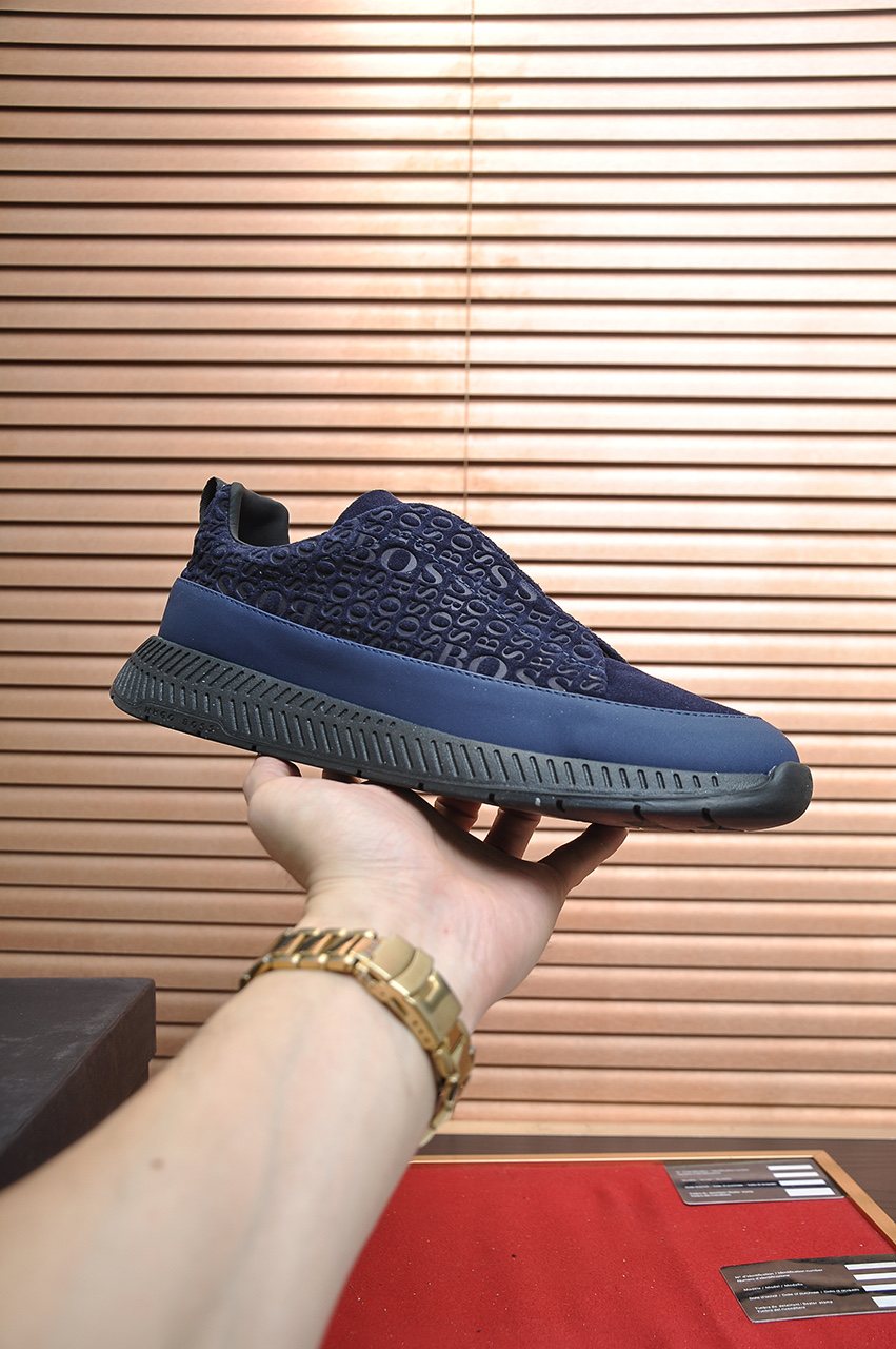BOSS Navy Blue Textured Slip-On Sneakers — front