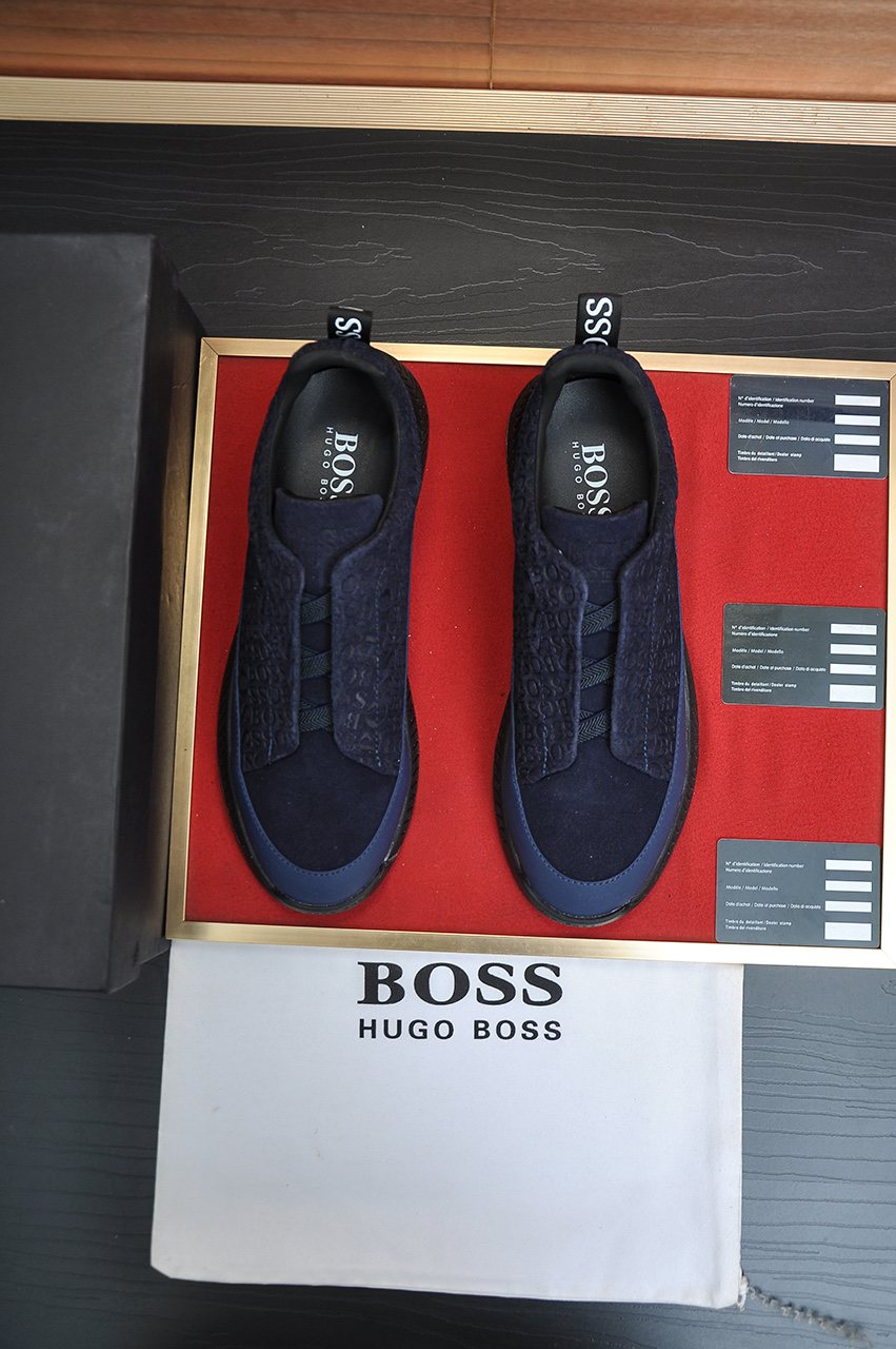 BOSS Navy Blue Textured Slip-On Sneakers — side
